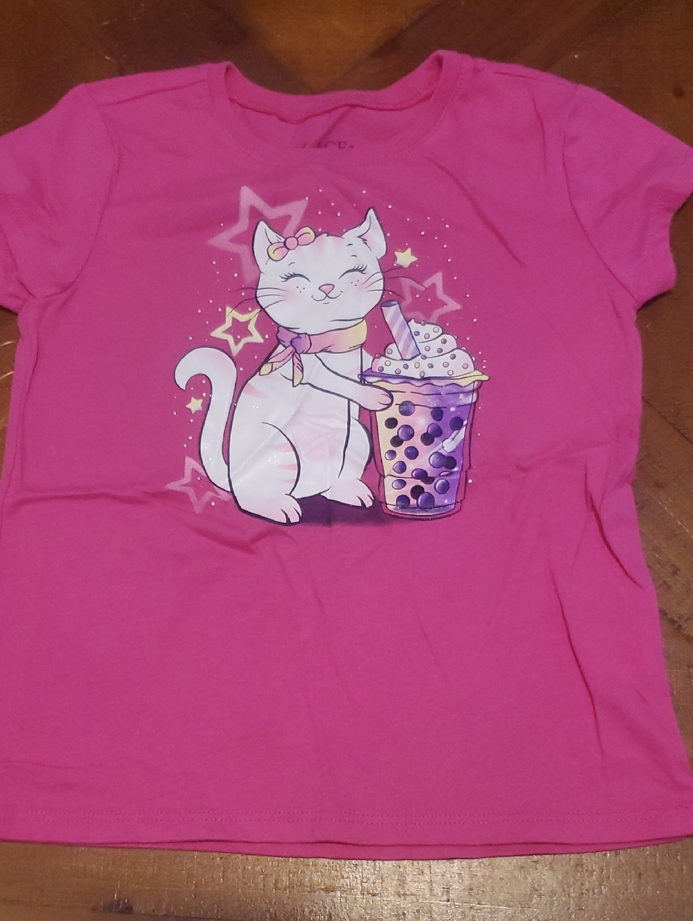 Place Hot Pink Tee with White Cat and Purple Bubble Tea Graphic